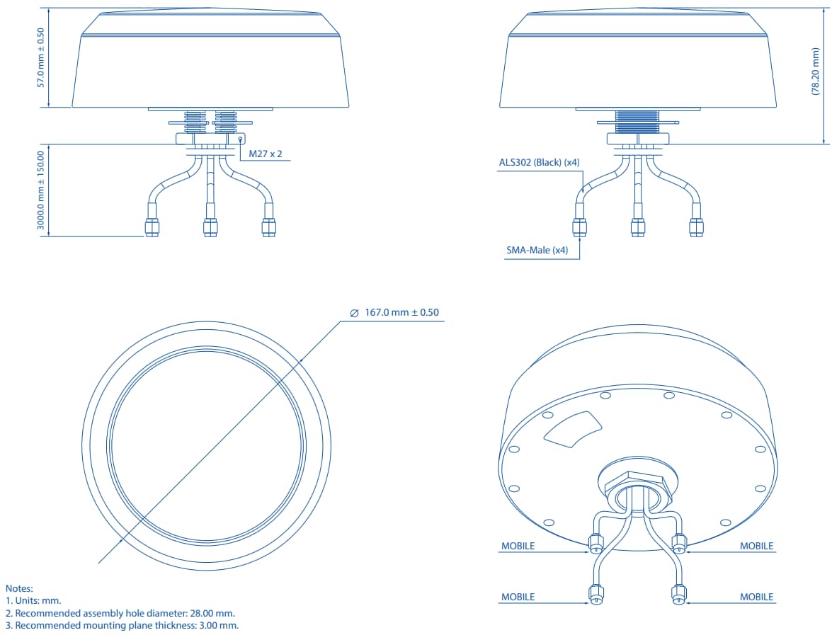 Mechanical Drawing - Teltonika PR1KC647 5G MIMO Mobile Roof SMA Antenna